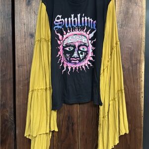 Sublime Black Graphic Band Tee with Pink & Blue Sun Design